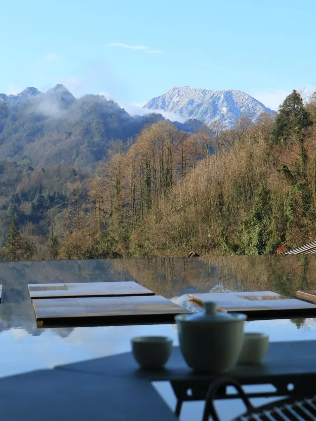Contemplative mountain view with tea